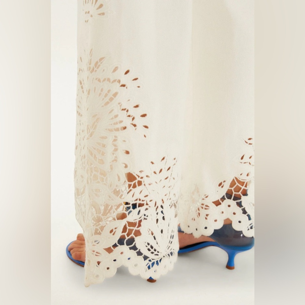 FARM Rio Cream Wide-Leg Eyelet Crochet Hem Pants - Picture 4 of 6